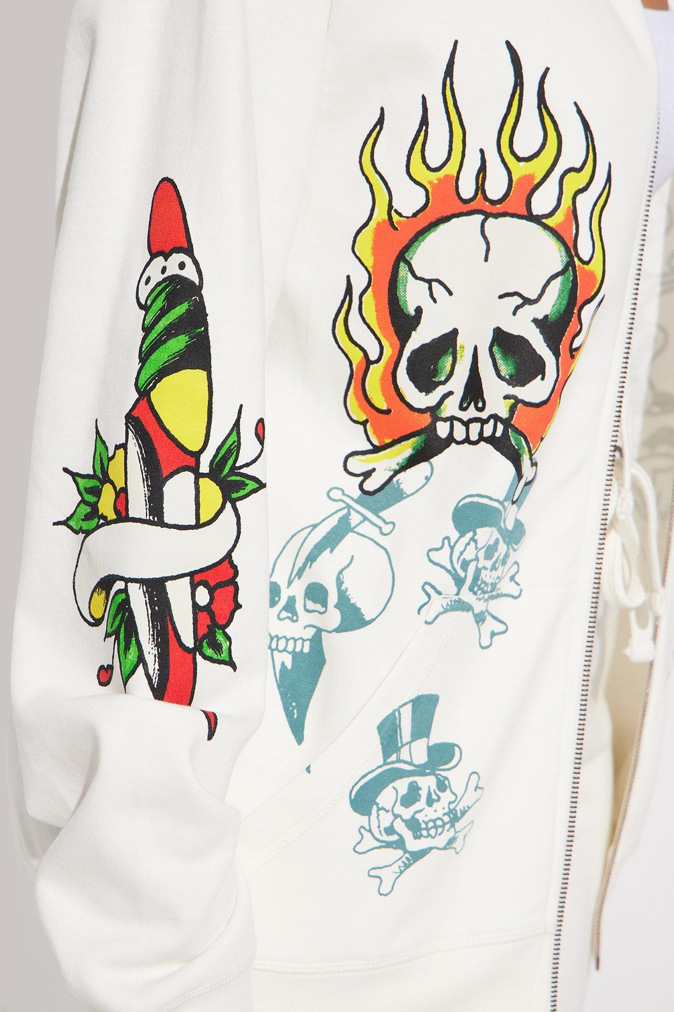 Ed Hardy On Fire Zip Front Hoodie - Ivory Product Image