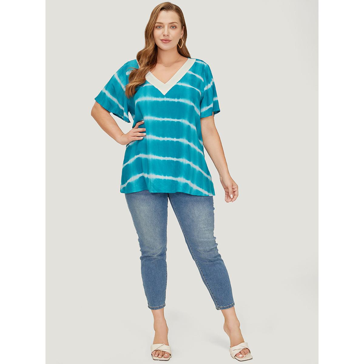 Plus Size Cerulean Tie Dye Contrast Trim Striped Blouse Women Vacation Short sleeve V-neck Dailywear Blouses BloomChic 22-24/3X Product Image