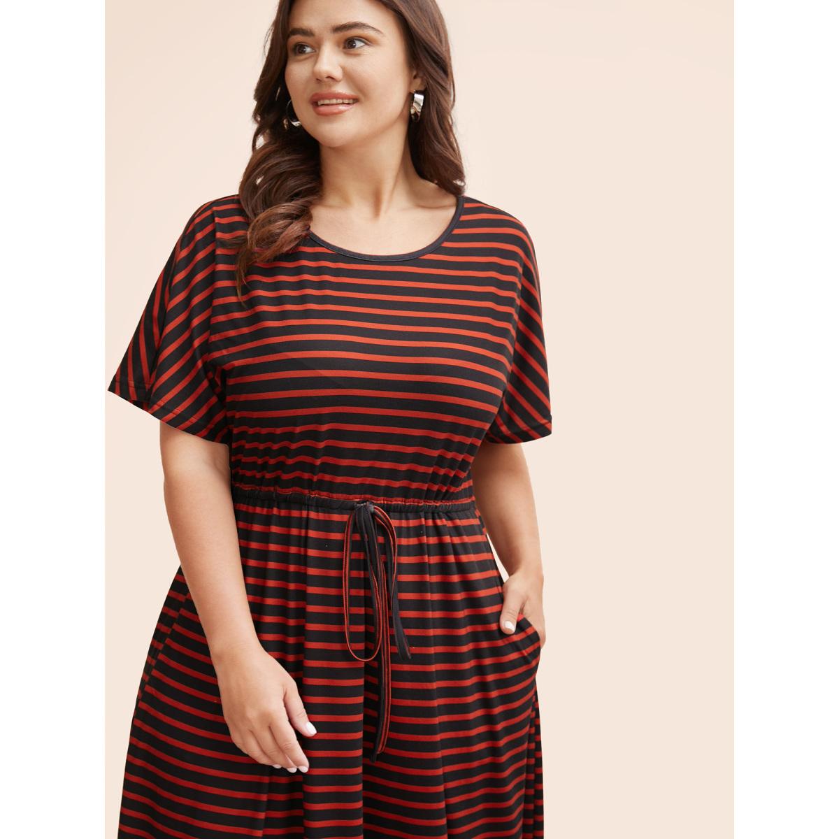 Plus Size Striped Round Neck Drawstring Dolman Sleeve Dress Black Women Casual Gathered Round Neck Short sleeve Curvy BloomChic 18-20/2X Product Image