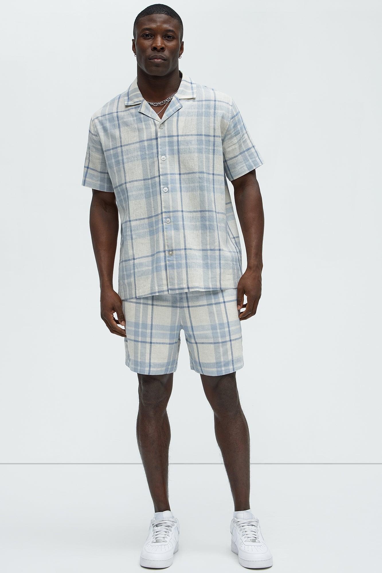 Breezy Cotton Plaid Short Sleeve Button Up - Blue/combo Product Image