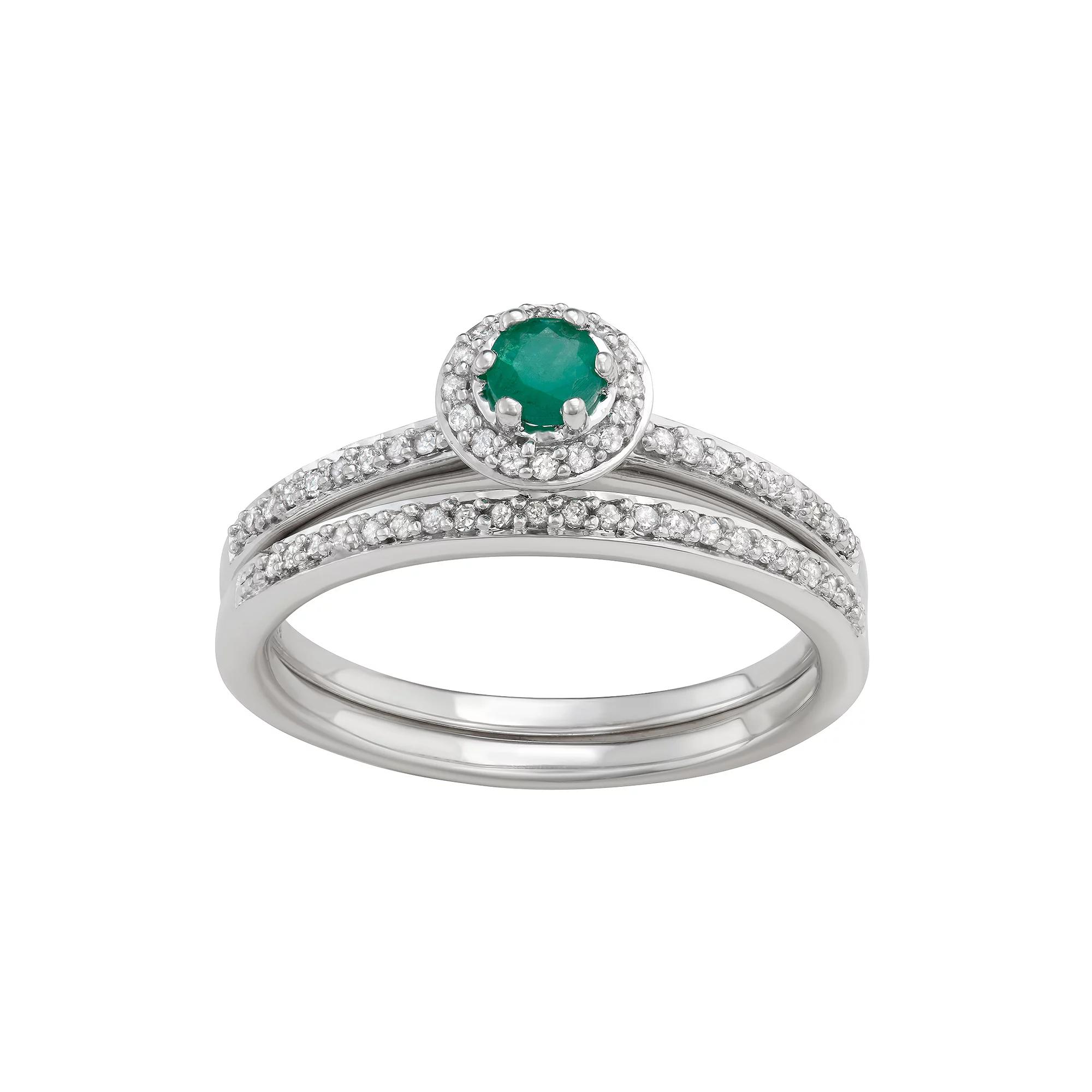 HDI 10k White Gold 1/3 Carat T.W. Diamond & Gemstone Halo Engagement Ring Set, Women's,  Product Image