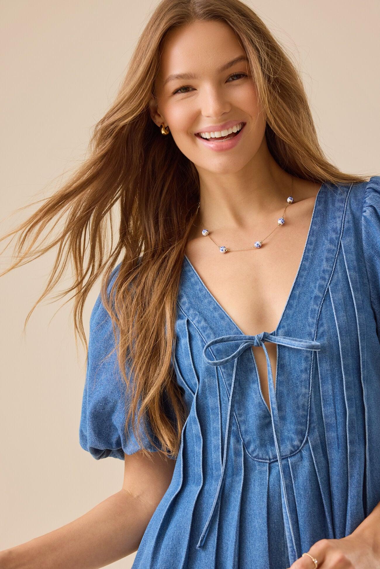 Evie Puff Sleeve Denim Romper Product Image