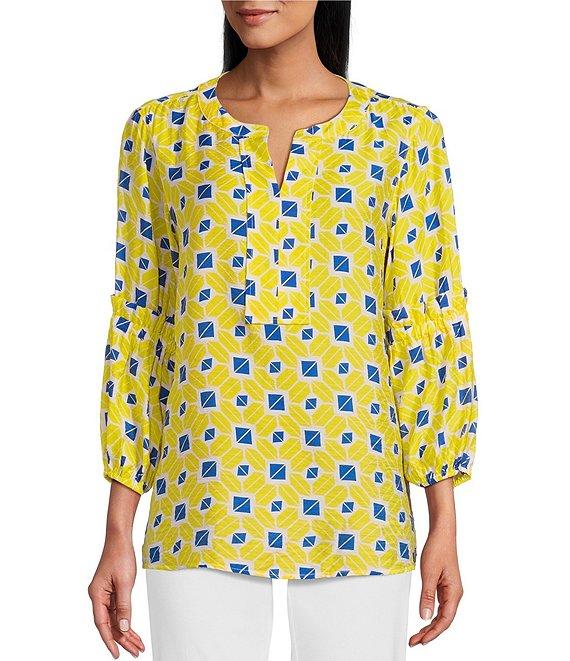 Multiples Geo Print Crinkle Woven Y-Neck 3/4 Bishop Sleeve Side Slit Top Product Image