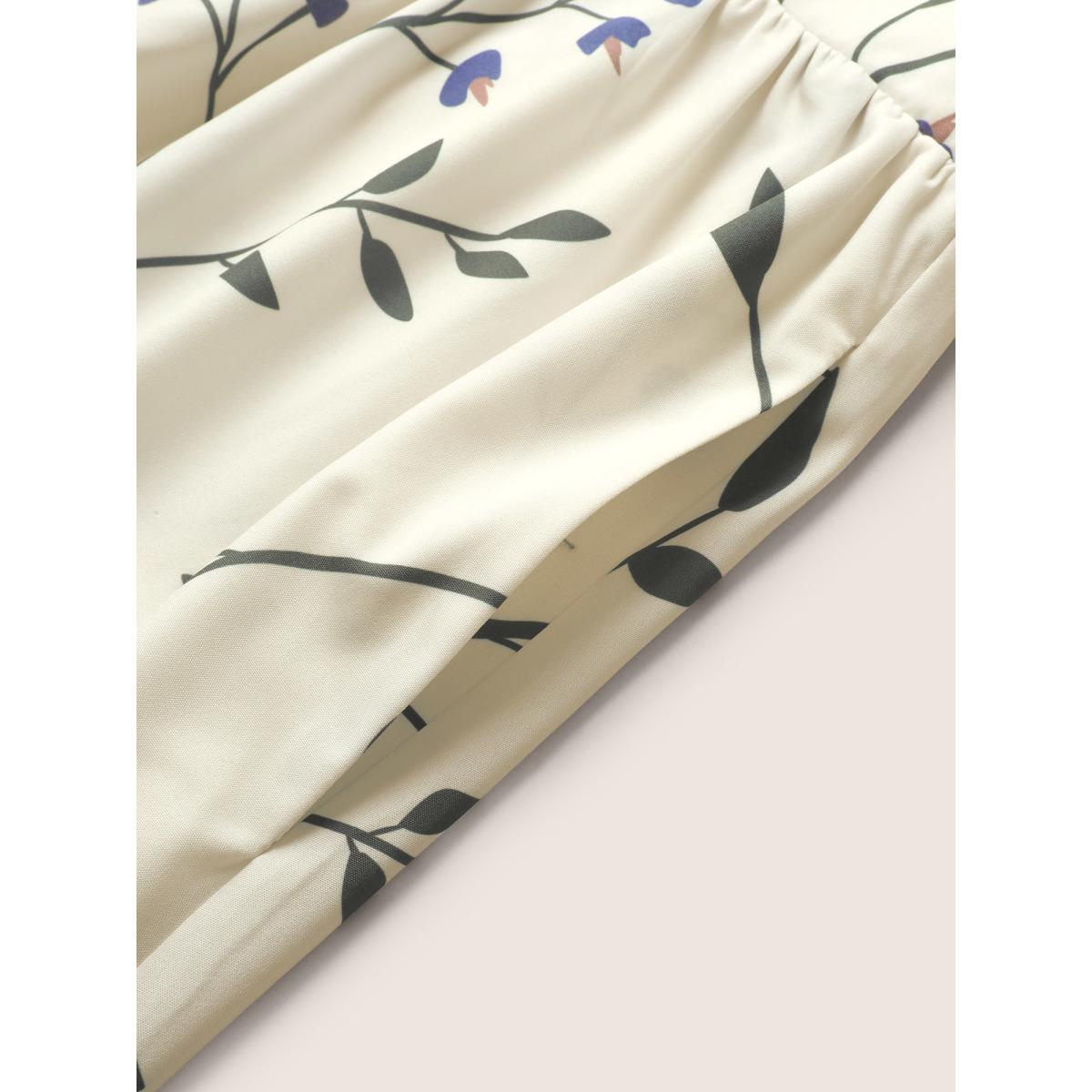 Plus Size Plants Print Elastic Waist Gathered Wrap Dress WhiteSmoke Women Elegant Non Overlap Collar Short sleeve Curvy Midi Dress BloomChic 18-20/2X Product Image