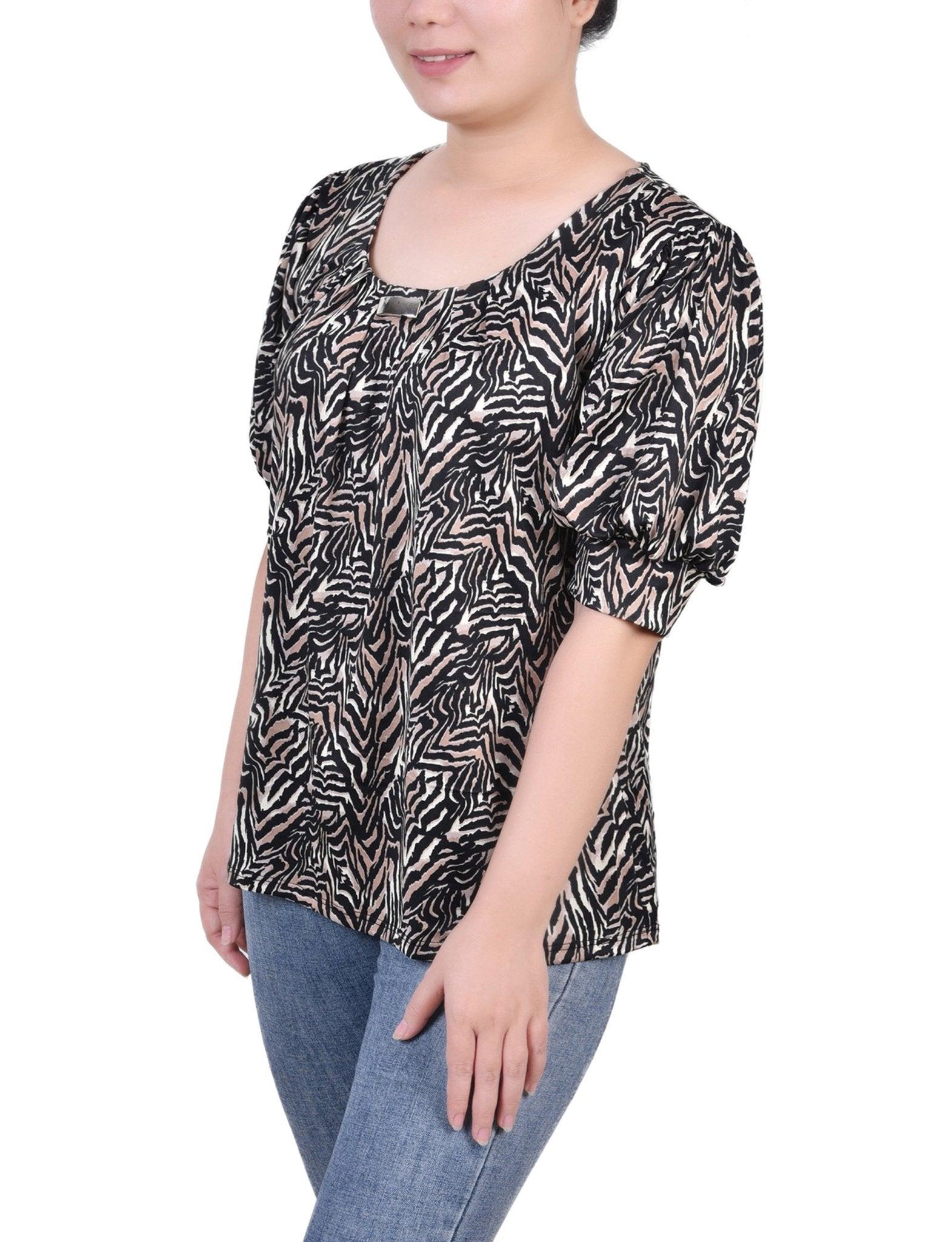 Black Taupe Zebra Short Sleeve Balloon Sleeve Top - Petite Product Image