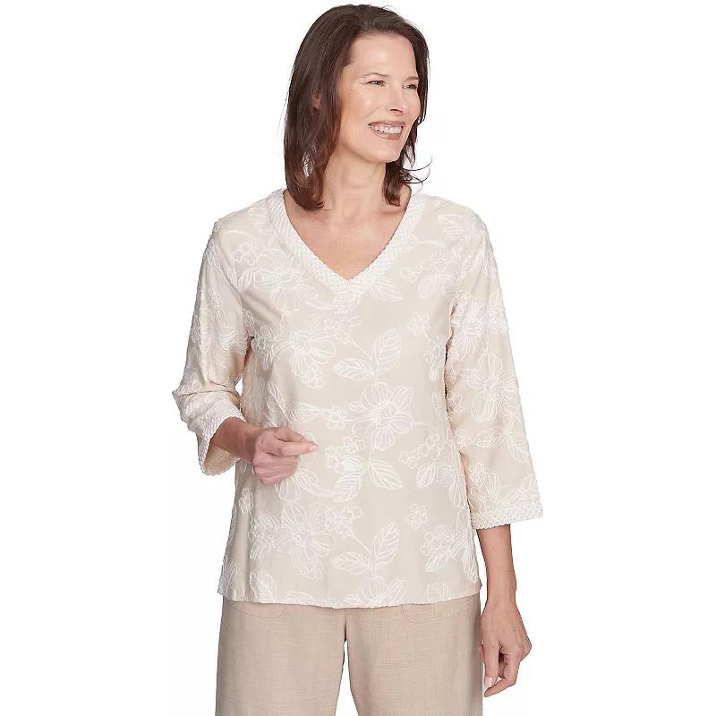 Women's Alfred Dunner Tossed Floral Embroidery V-Neck Top, Size: Small, Linen Product Image