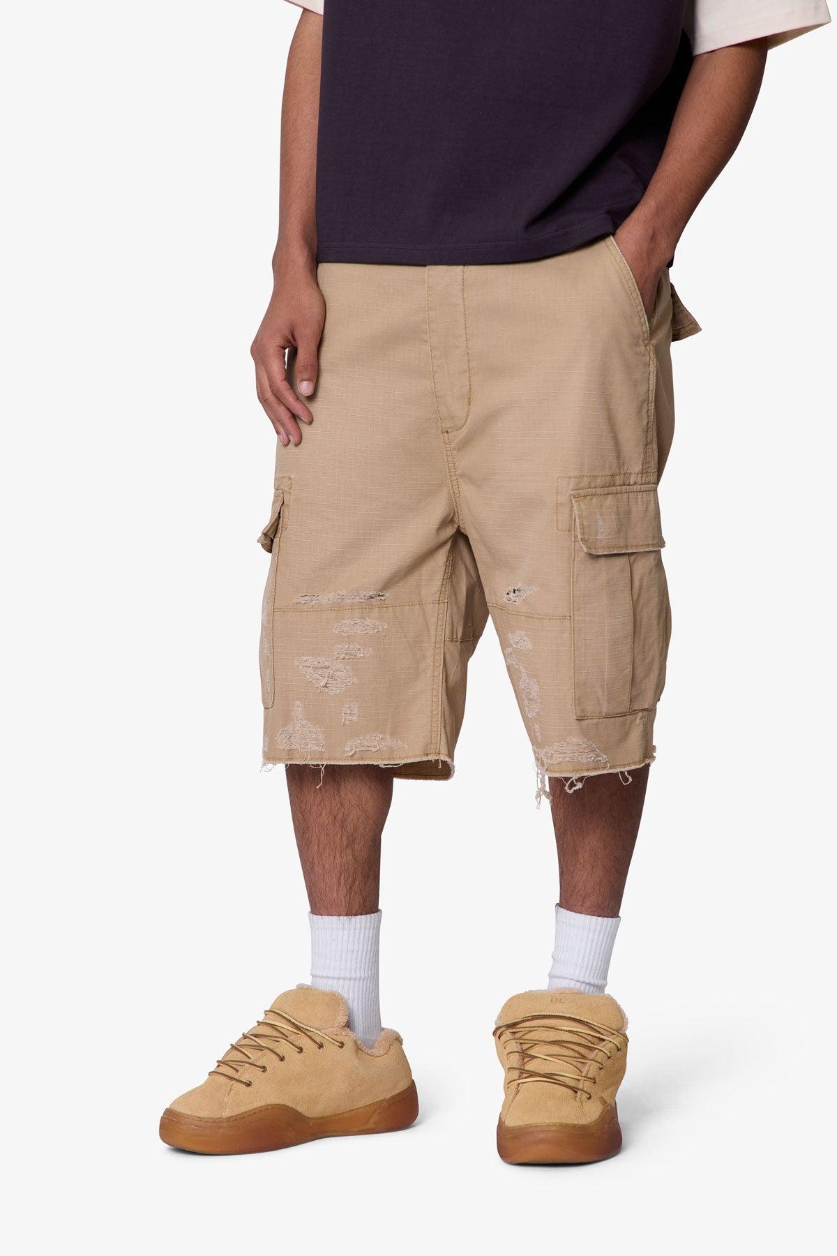 Baggy Distressed Cargo Shorts - Washed Khaki Product Image