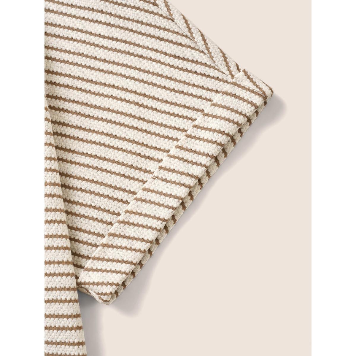 Plus Size Striped Flat Collar With V Notch Cuffed Sleeve T-shirt Tan Women Casual Contrast Flat collar with V-notch Everyday T-shirts BloomChic 18-20/2X Product Image