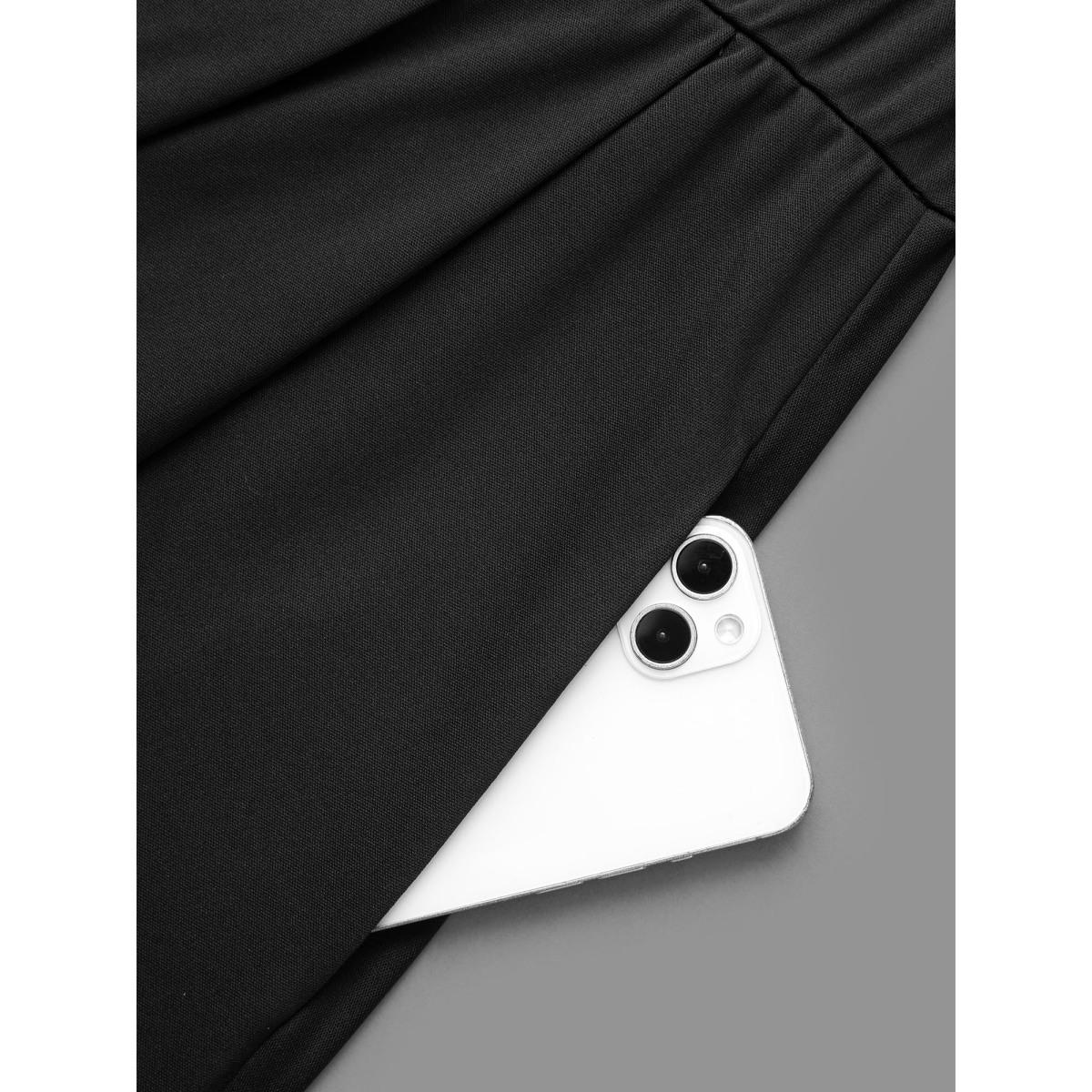 Plus Size Round Neck Elastic Waist Pleated Dress Black Women At the Office Pleated Round Neck Long Sleeve Curvy BloomChic 12/L Product Image