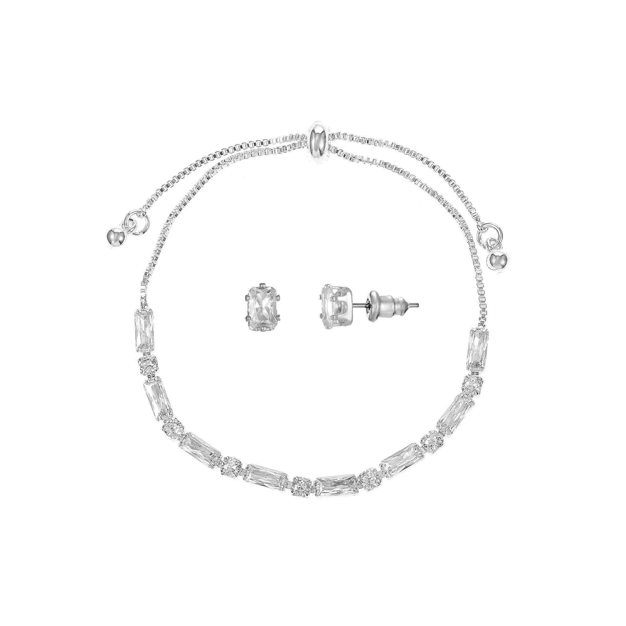 Silver Tone Cubic Zirconia Adjustable Bracelet & Stud Earrings Set, Women's, Size: 4-10" ADJ, Silver Tone Clear Product Image