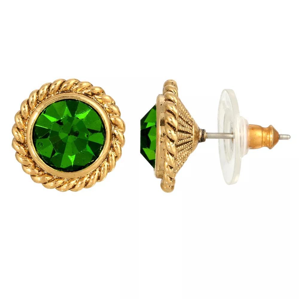 1928 Gold Tone & Green Round Button Stud Earrings, Women's Product Image