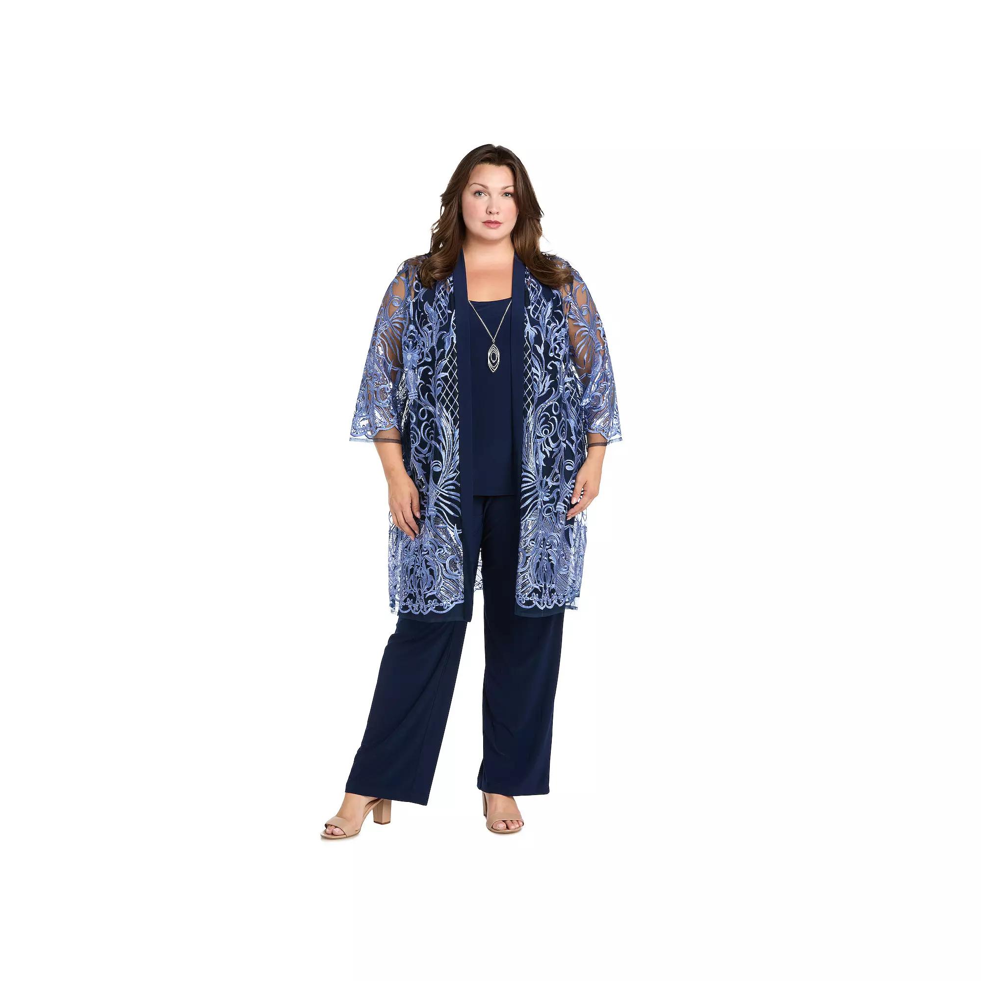Plus Size R&M Richards 4-pc. Embroidered Sequin Duster Jacket, Tank Top & Jersey Pants Set with Necklace, Women's, Size: 16 W, Purple Product Image
