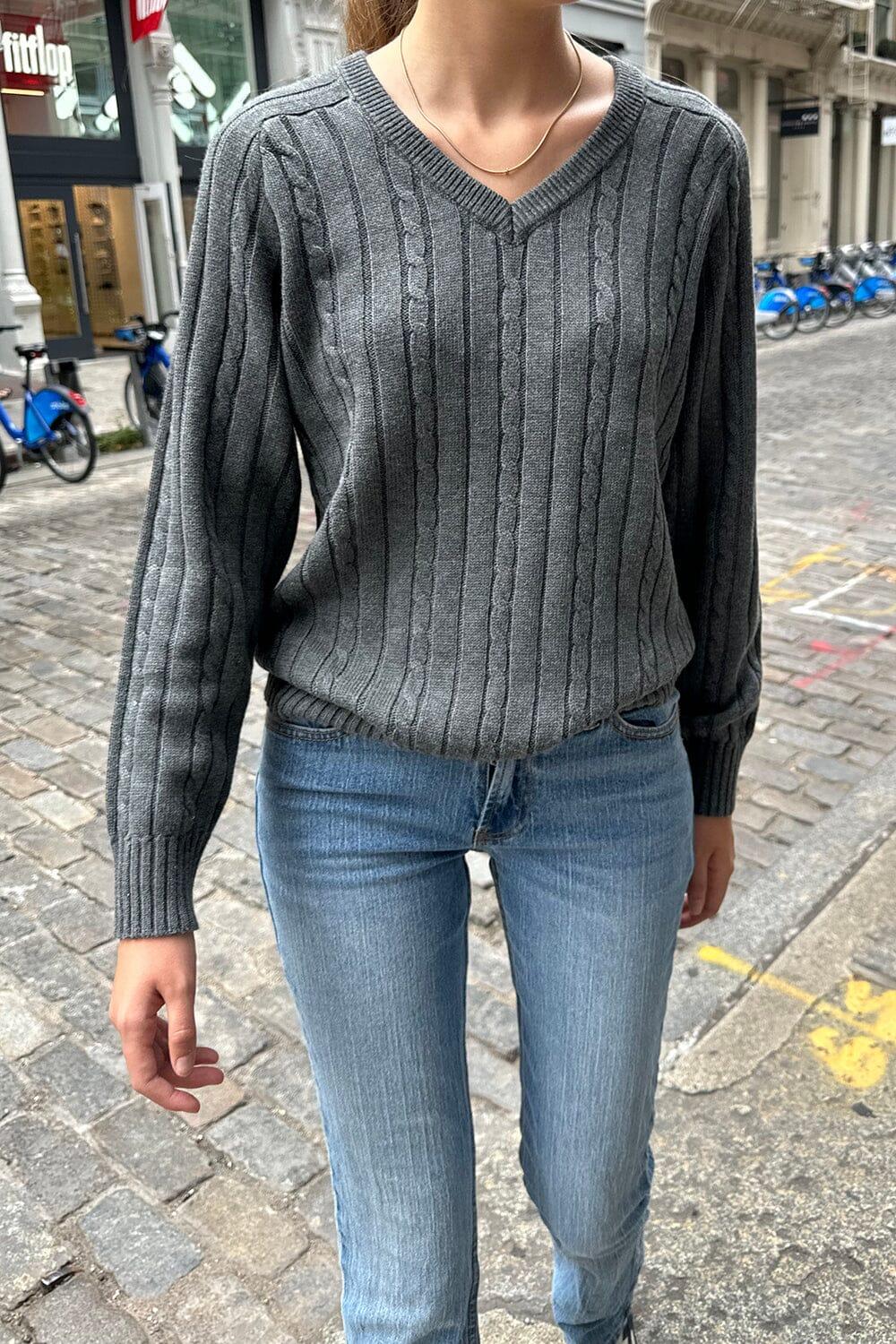 Ida Cotton Cable Knit V-Neck Sweater Product Image