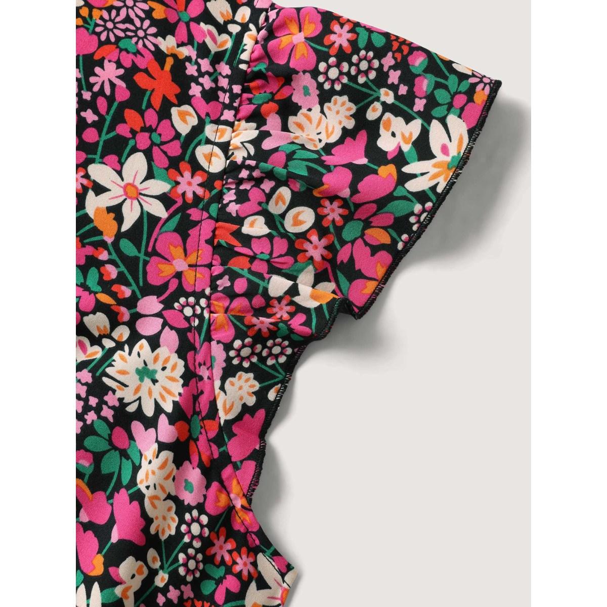 Plus Size Floral Print Shirred Waist Ruffled Midi Dress Peach Women Leisure V-neck Short sleeve Curvy BloomChic 14-16/1X Product Image