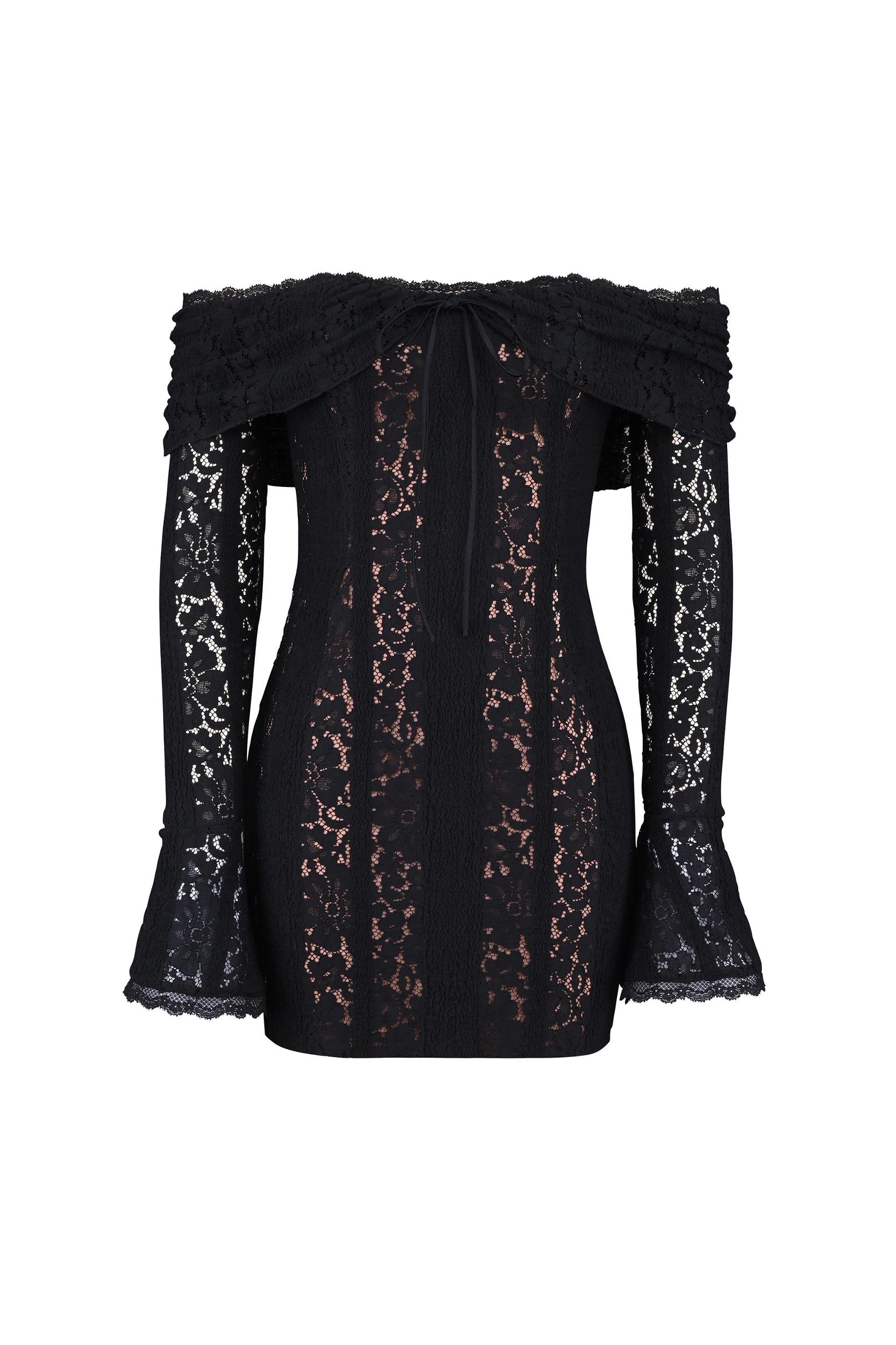 Sadie  black floral lace off shoulder mini dress Product Image
