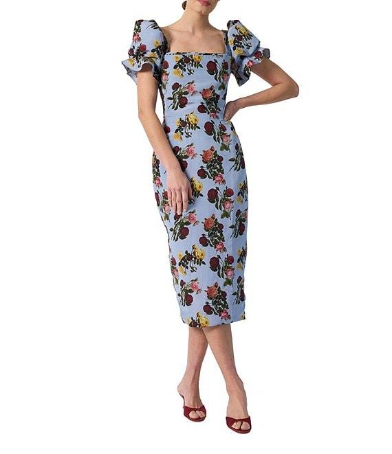 Damaris Bailey Rose Printed Square Neck Short Puff Sleeve Rose Midi Dress Product Image