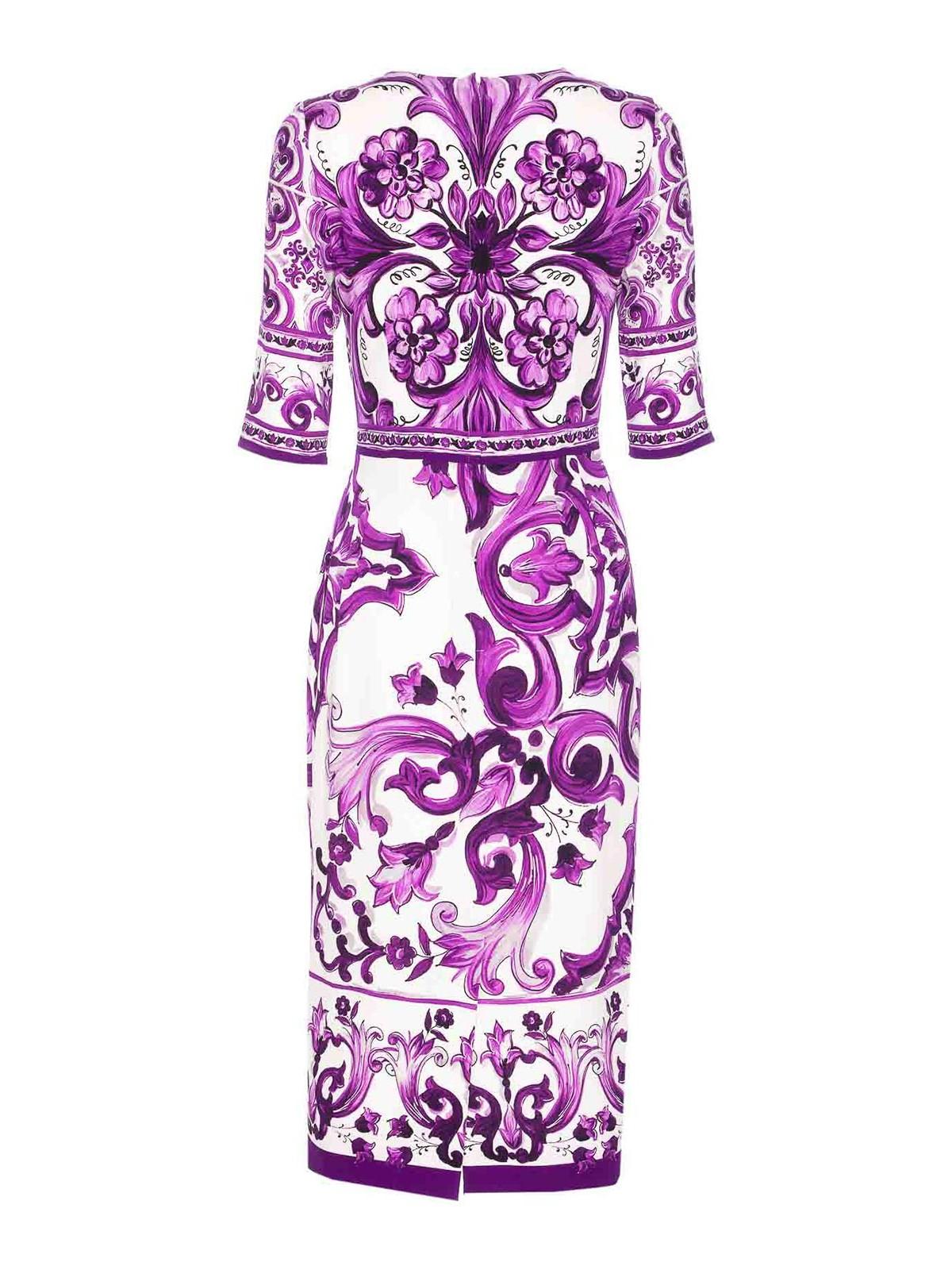 DOLCE & GABBANA Violet Crewneck Dress With Rear Zip Closure And All-over Floral Print In Silk Stretch Woman In Purple Product Image