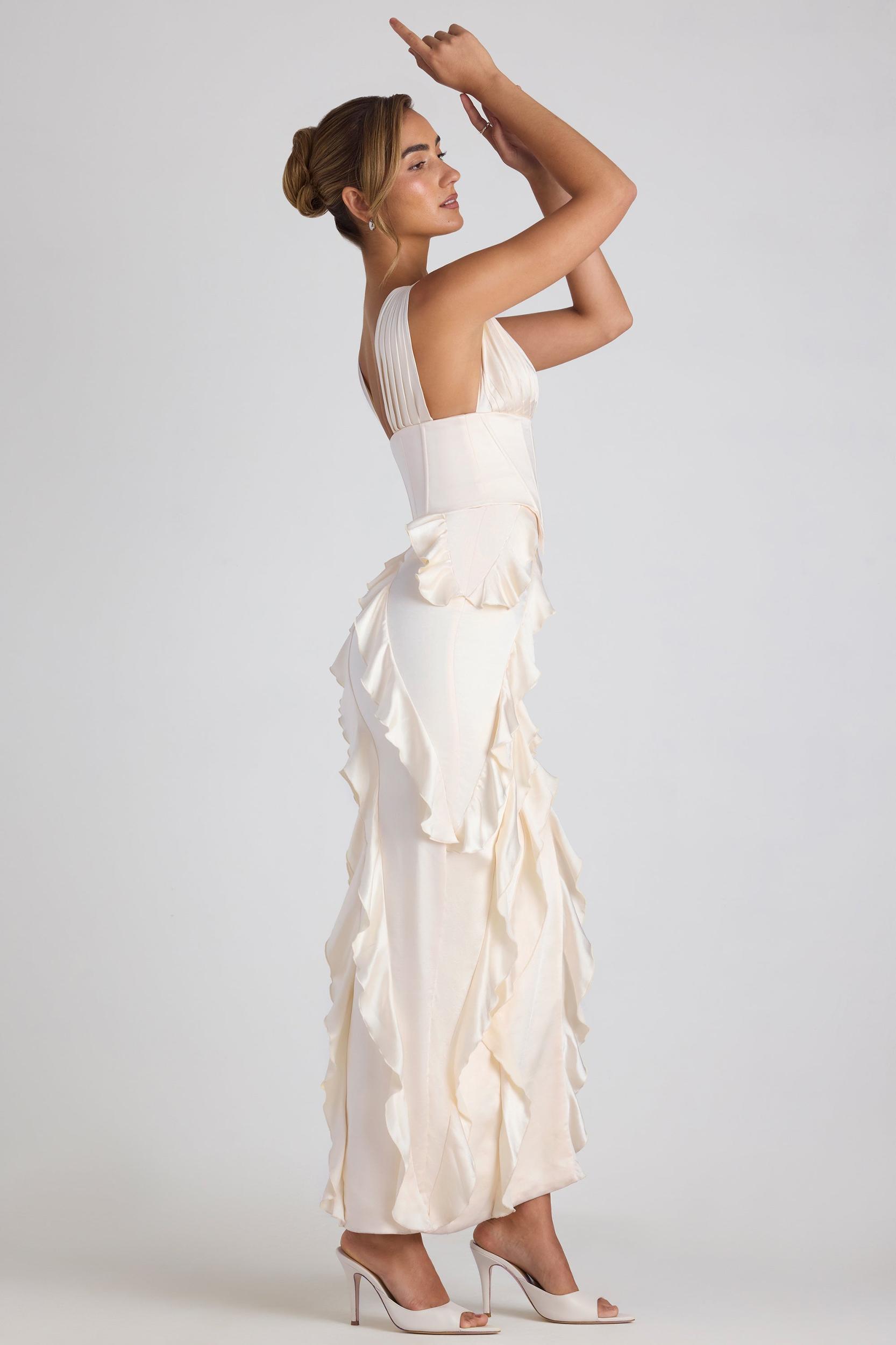 Ruffle-Trim Corset Maxi Dress in Ivory Product Image