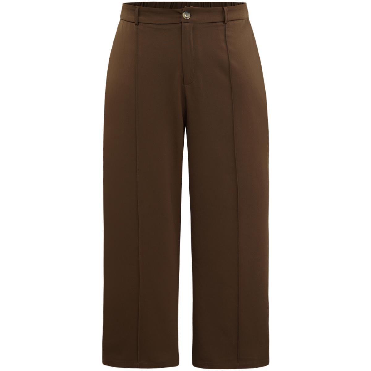 Plus Size Static-Free Plain Pocket Pleated Pants Women DarkBrown Office Straight Leg High Rise Office Pants BloomChic 28/5X Product Image