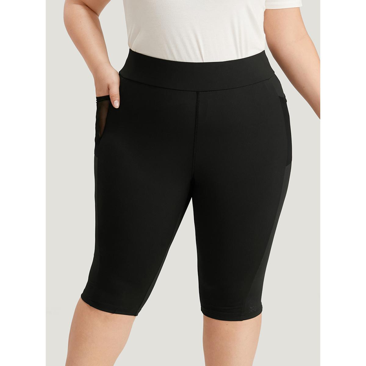 Plus Size Skinny Wideband Waist Mesh Patchwork Pocket Leggings Women Black Elegant High stretch Skinny High Rise Dailywear Leggings BloomChic 28/5X Product Image