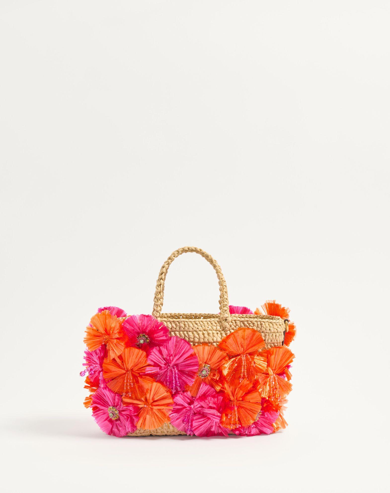 Small Raffia Shopping Bag With Flowers And Beads Product Image