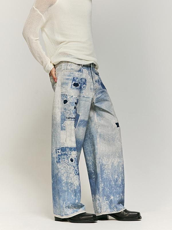 Retro Blue Distressed Patchwork Printed Jeans Product Image