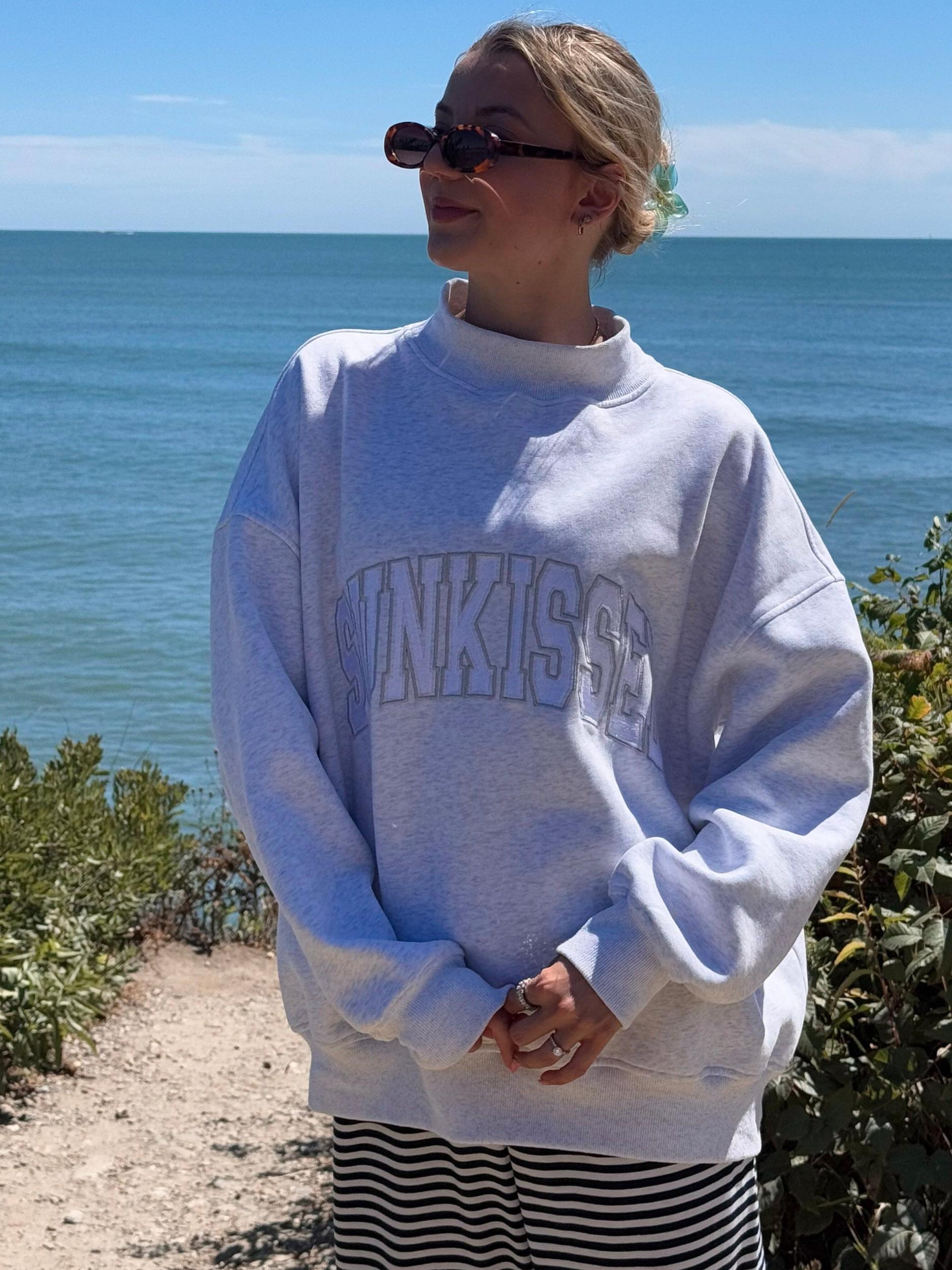 Pearl Grey Mockneck Sunkissed Varsity Embroider Sweatshirt Product Image