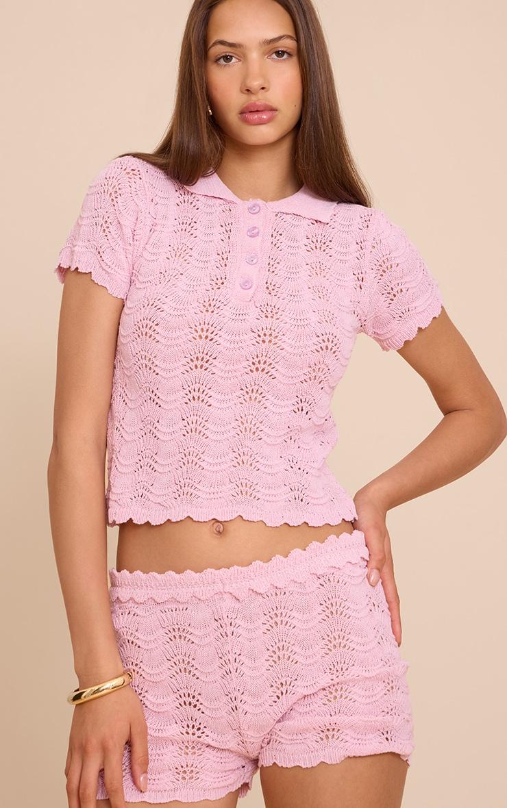 Pink Crochet Polo Neck Top Product Image