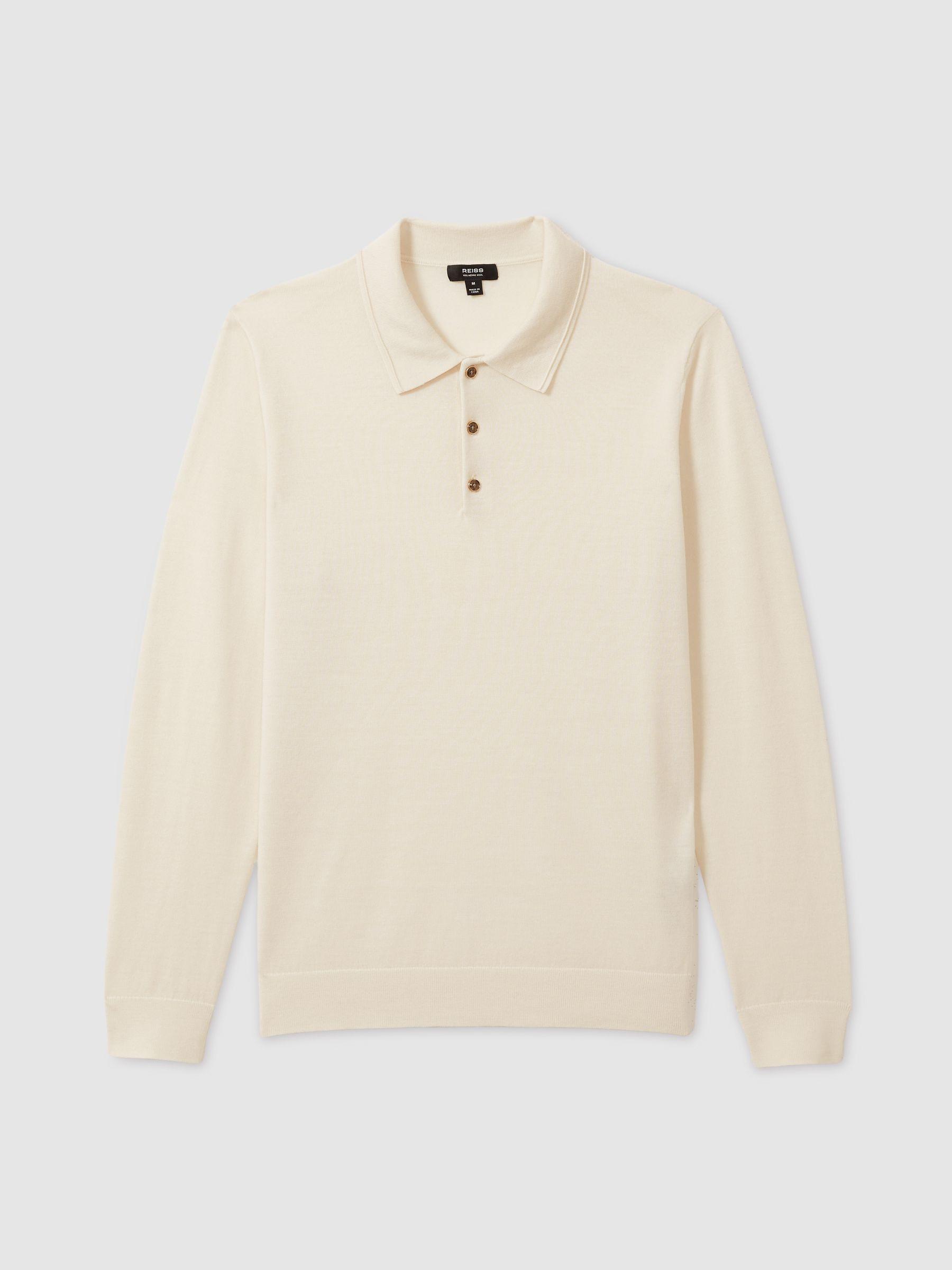 Merino Wool Long-Sleeve Polo Shirt in Snow White Product Image