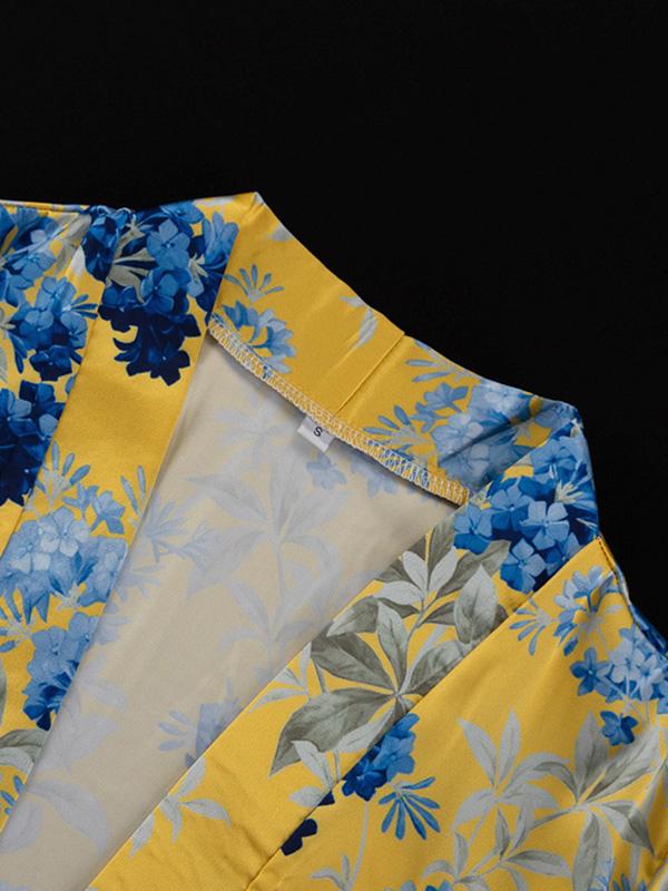 Loose Printed Split-Joint Deep V-Neck Lace-Up Blouse + Drawstring Elasticity Pants Trousers Two Pieces Set Product Image