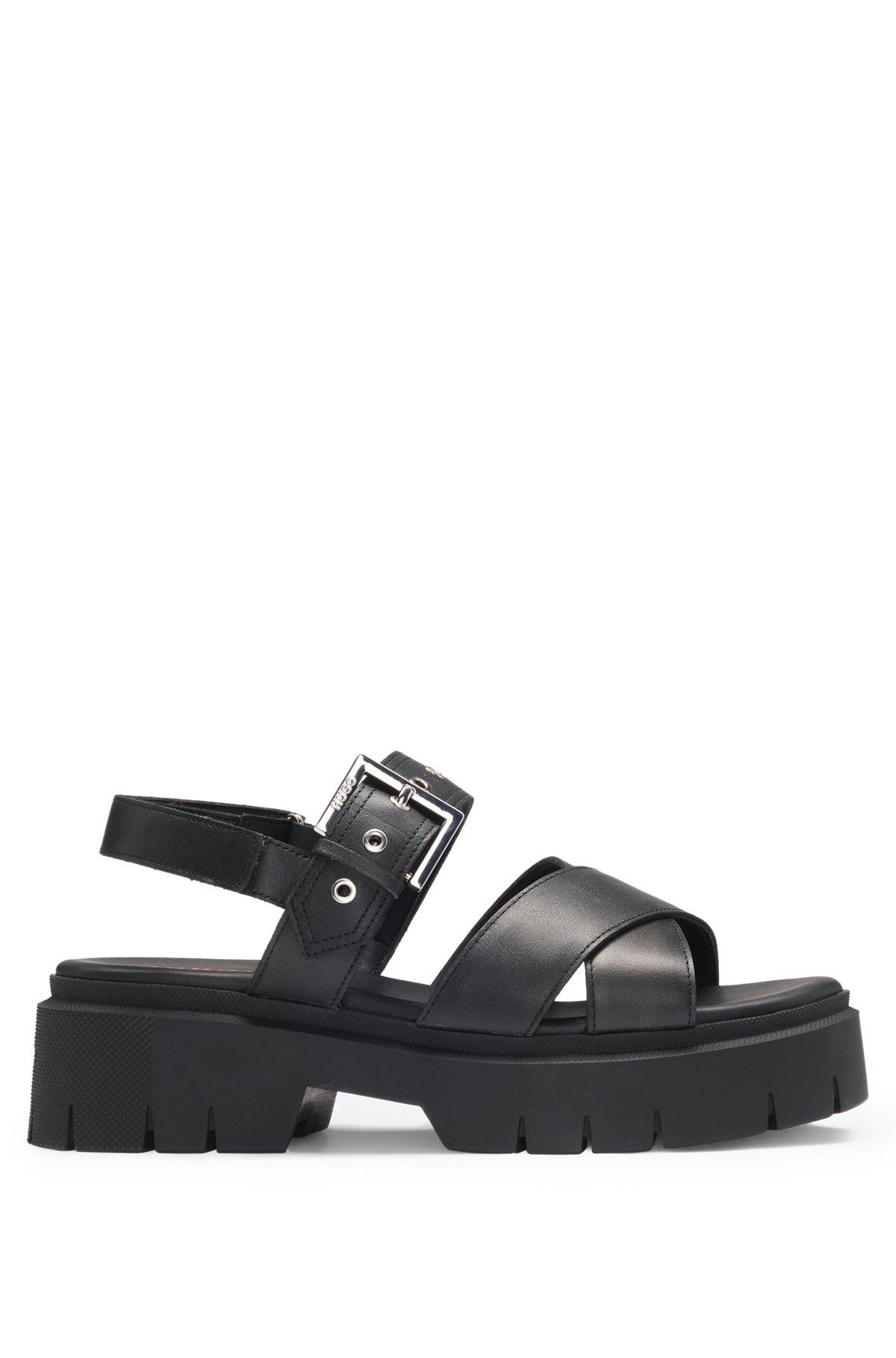 HUGO - Leather sandals with buckled strap and chunky sole - Black Product Image