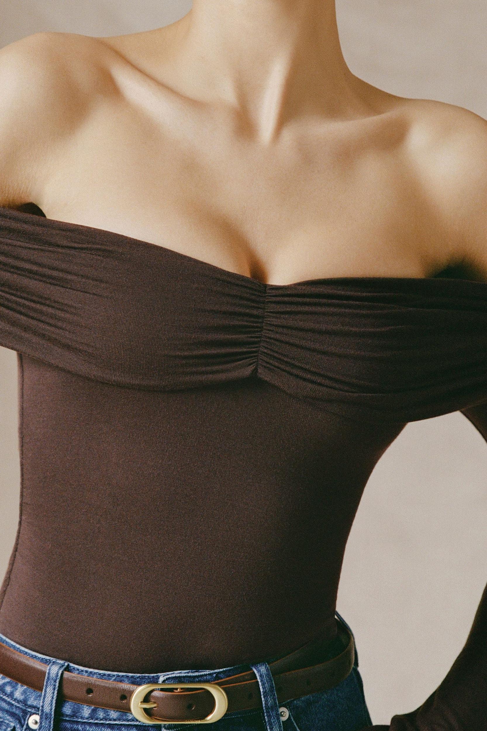 Modal-Cashmere Blend Off-Shoulder Ruched Top in Espresso Product Image