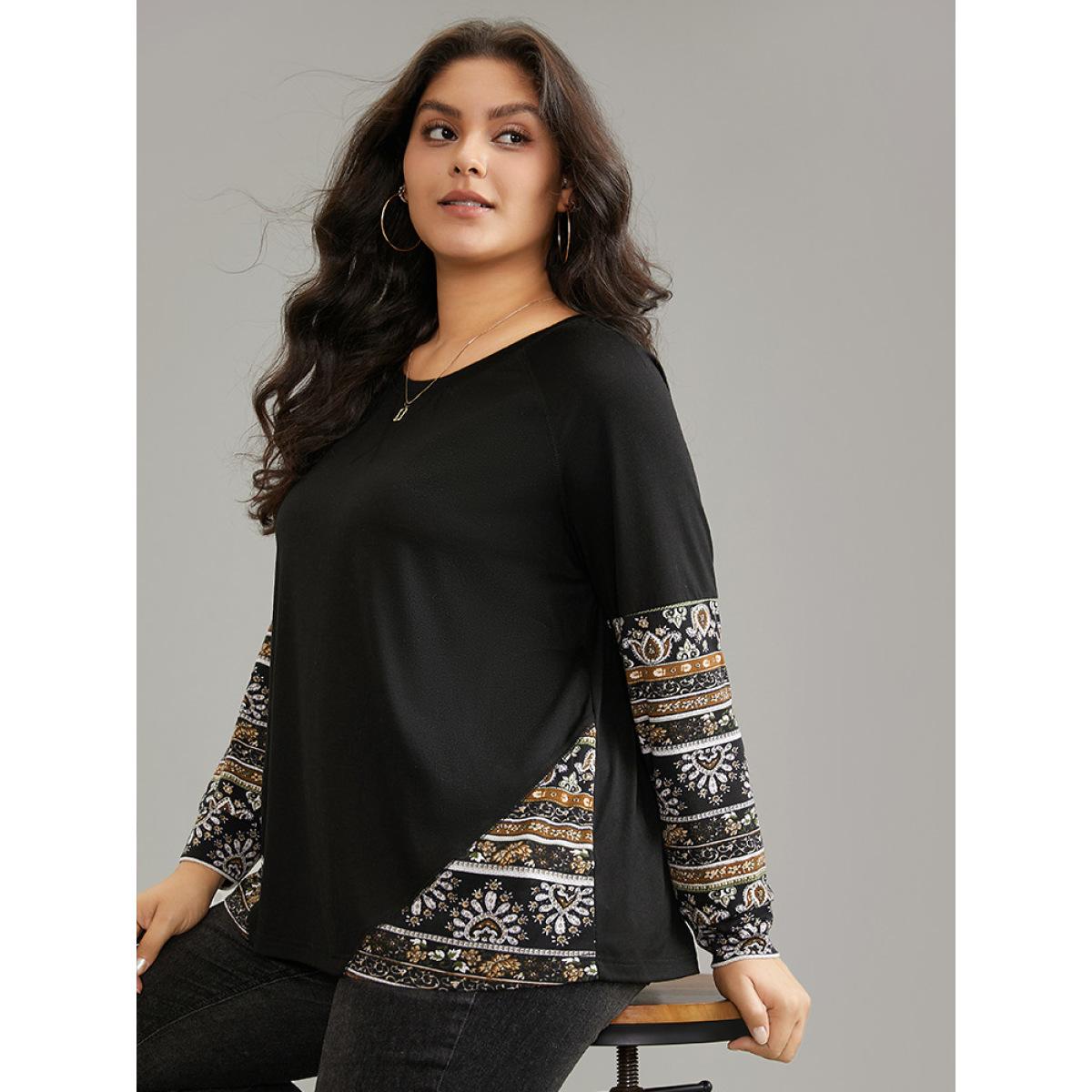 Plus Size Bandana Print Patchwork Raglan Sleeve T-shirt Black Women Casual Contrast Bohemian Print Round Neck Dailywear T-shirts BloomChic 14-16/1X Product Image