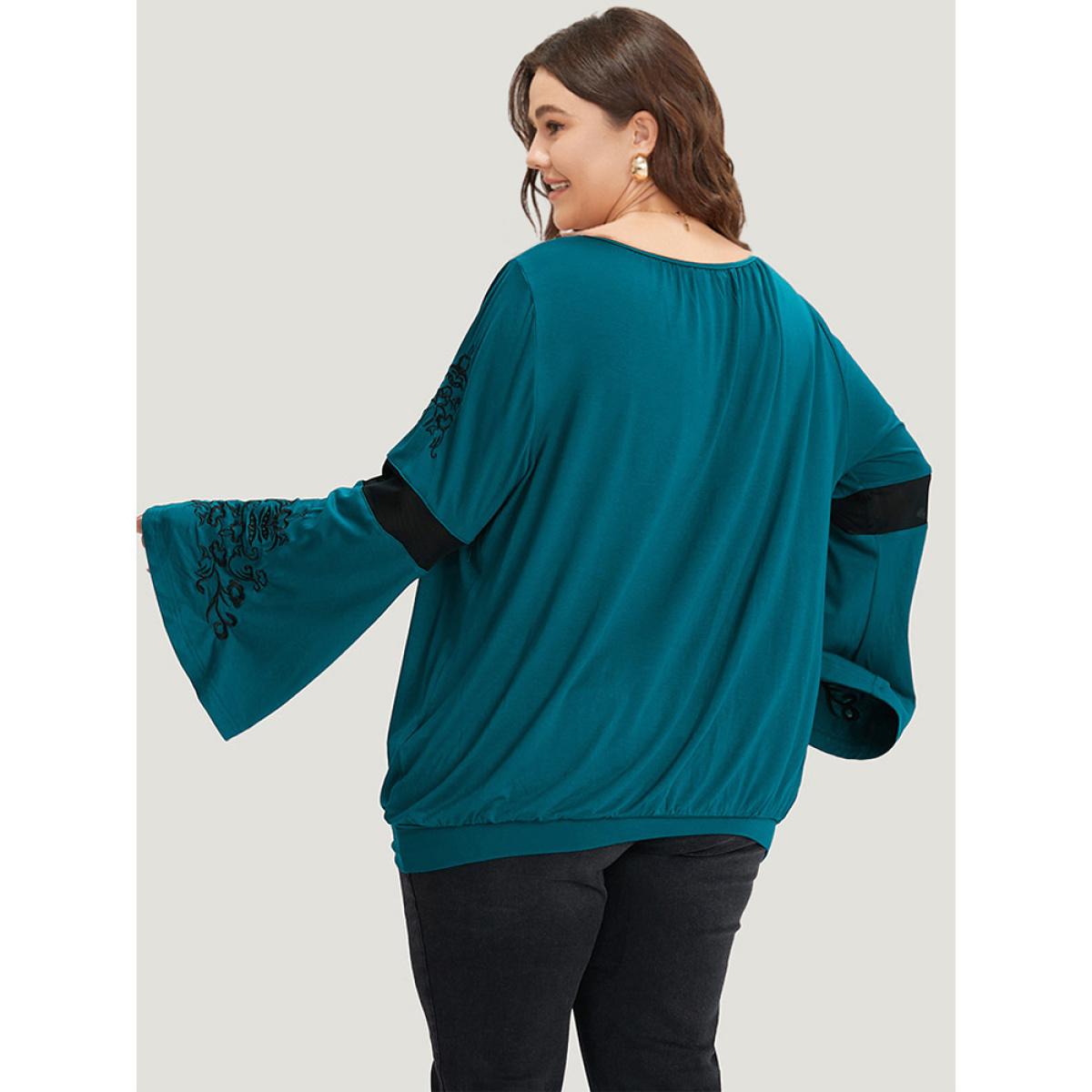 Plus Size Supersoft Essentials Floral Embroidered Patchwork Bell Sleeve T-shirt Aegean Women Casual Patchwork Silhouette Floral Print Round Neck Dailywear T-shirts BloomChic 28/5X Product Image