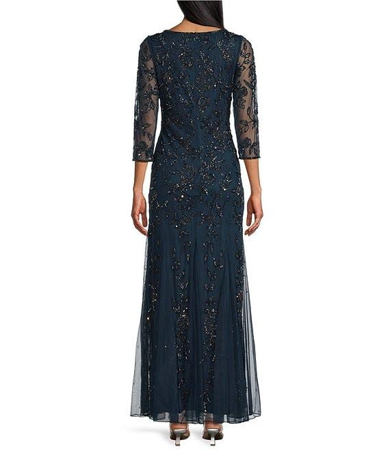 Pisarro Nights 3/4 Sleeve Crew Neck Long Beaded Godet Gown Product Image