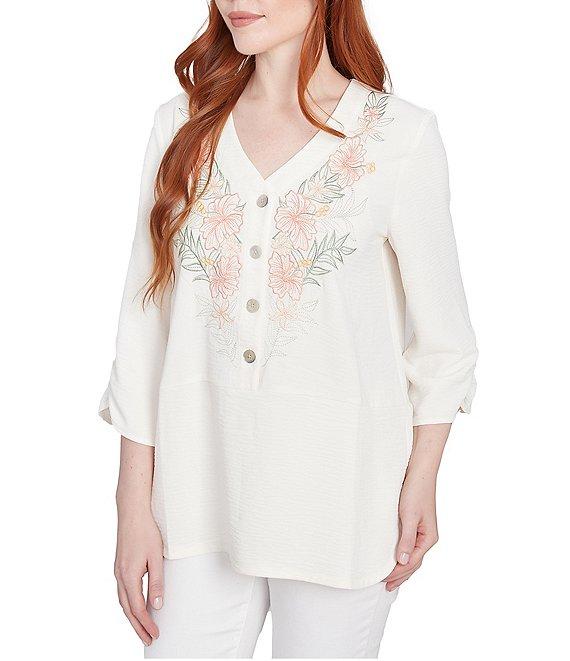 Ruby Rd. Petite Size Woven Embroidery Floral V-Neck 3/4 Sleeve Gauze Top Product Image