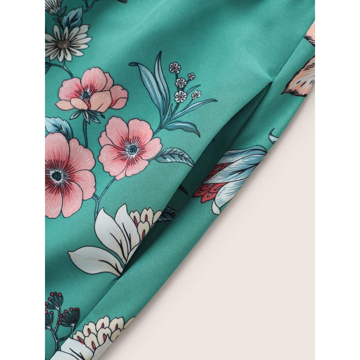 Plus Size Floral Print Shirred Front Ruffle Sleeve Dress Turquoise Women Elegant Non V-neck Elbow-length sleeve Curvy Midi Dress BloomChic 10/M Product Image