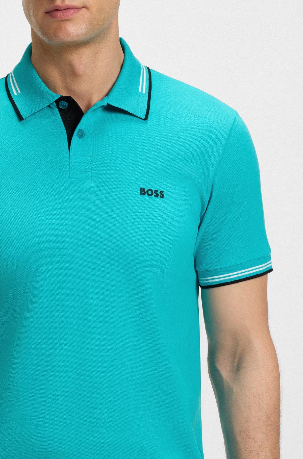 BOSS - Stretch-cotton slim-fit polo shirt with branding - Light Blue Product Image