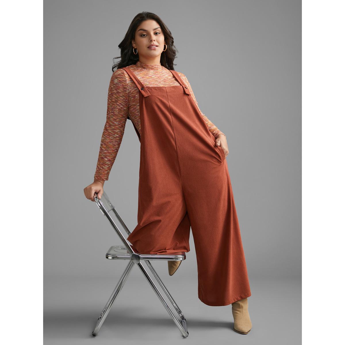 Plus Size Rust Solid Corduroy Wide Leg Overall Women Casual Sleeveless Non Everyday Loose Jumpsuits BloomChic 10/M Product Image