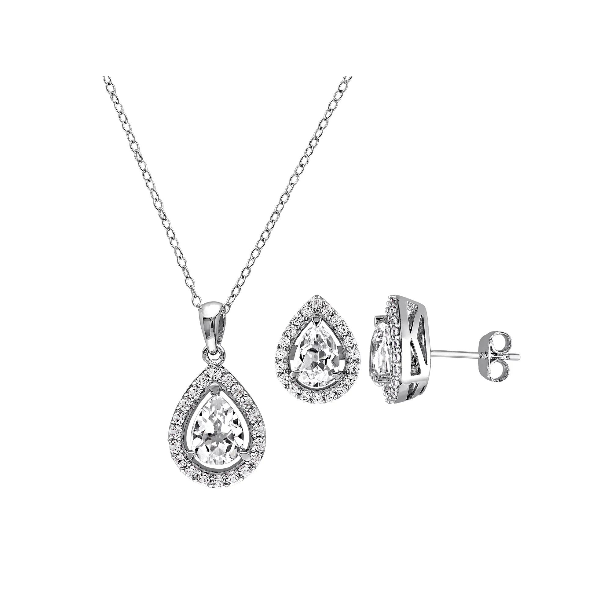 Stella Grace Lab-Created White Sapphire Sterling Silver Teardrop Halo Pendant Necklace & Stud Earring Set, Womens Product Image