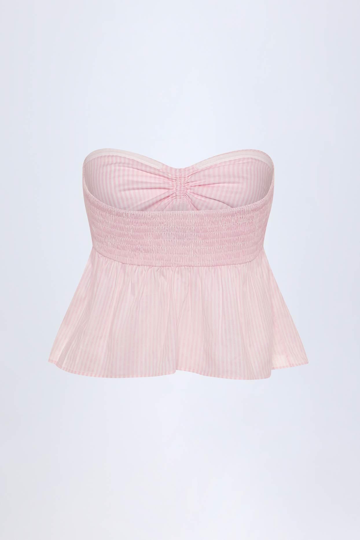 Tie-Front Strapless Cotton-Poplin Crop Top in Pink White Stripe Product Image