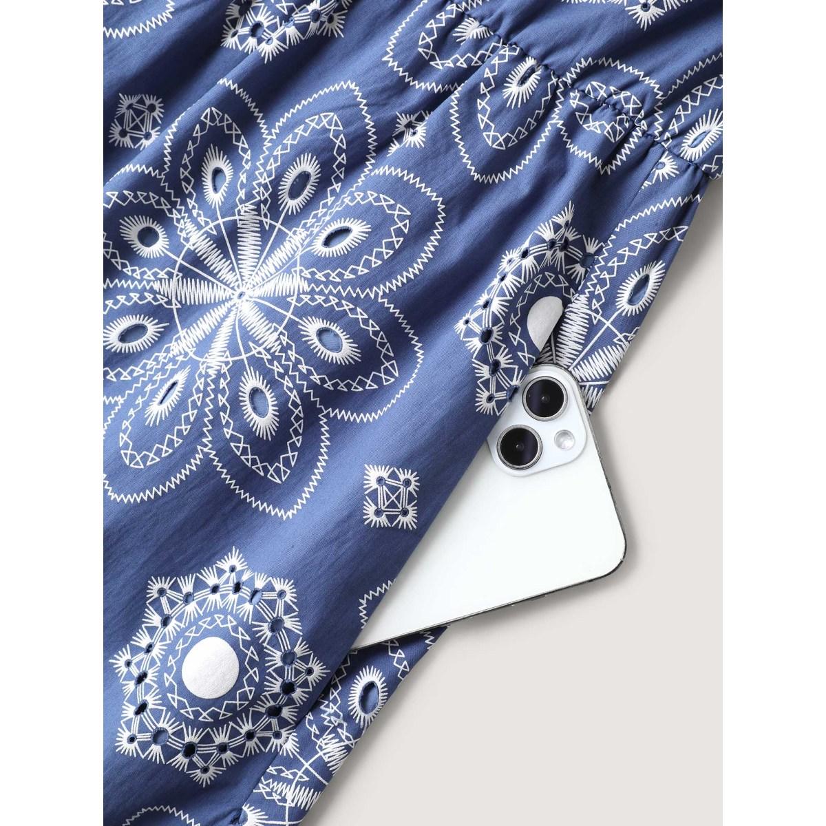 Plus Size Cotton Large Floral Print Textured Pockets Midi Dress Mediumblue Women V-neck Short sleeve Curvy BloomChic 26/4X Product Image