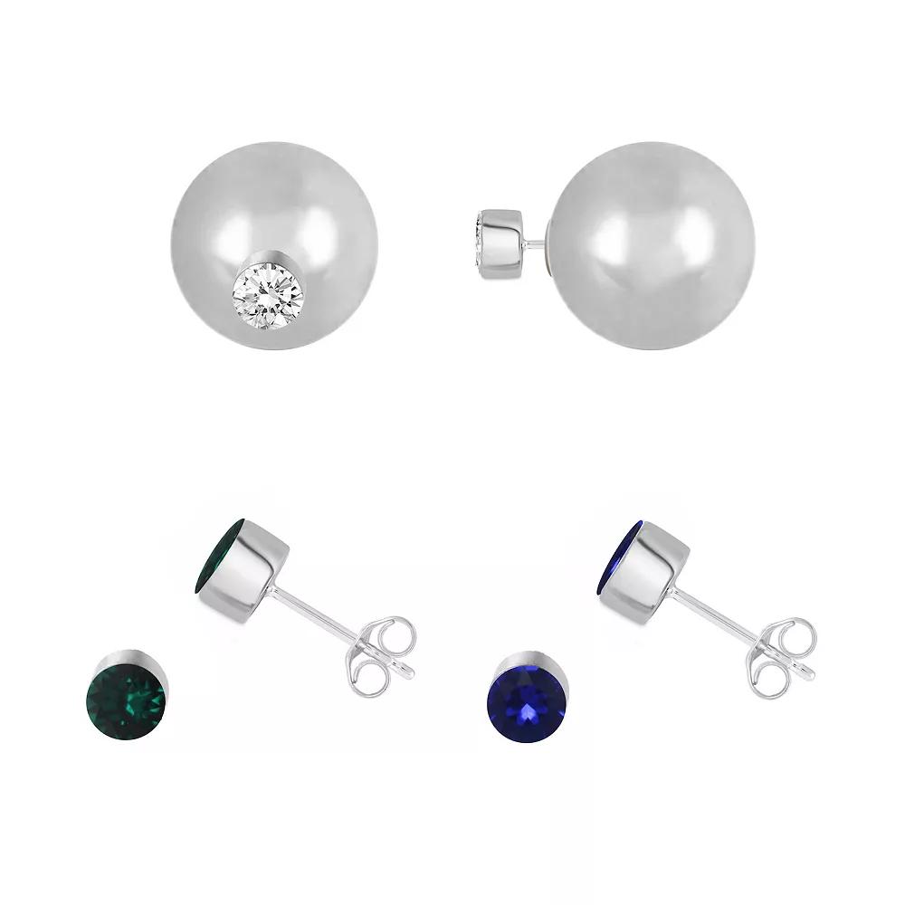 Royal Aura Silver Tone Sphere & Colored Crystal Stud Earring Trio Set, Women's, Silver Tone Team Product Image
