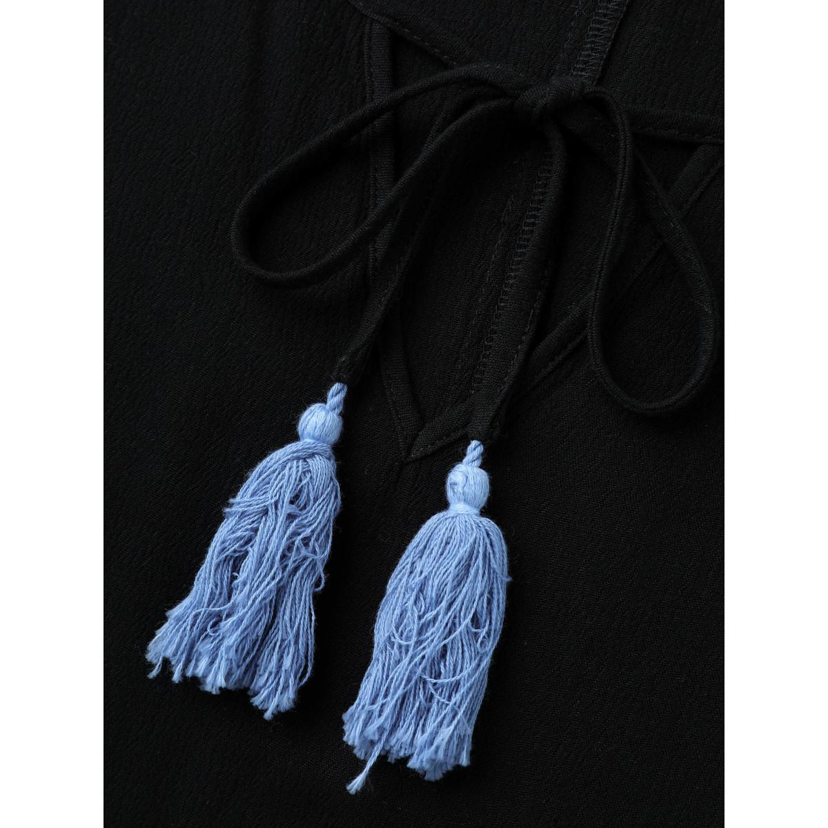 Plus Size Black Textured Color Contrast Tassels Blouse Women Short sleeve Flat collar with V-notch Everyday-Casual Blouses BloomChic 18-20/2X Product Image