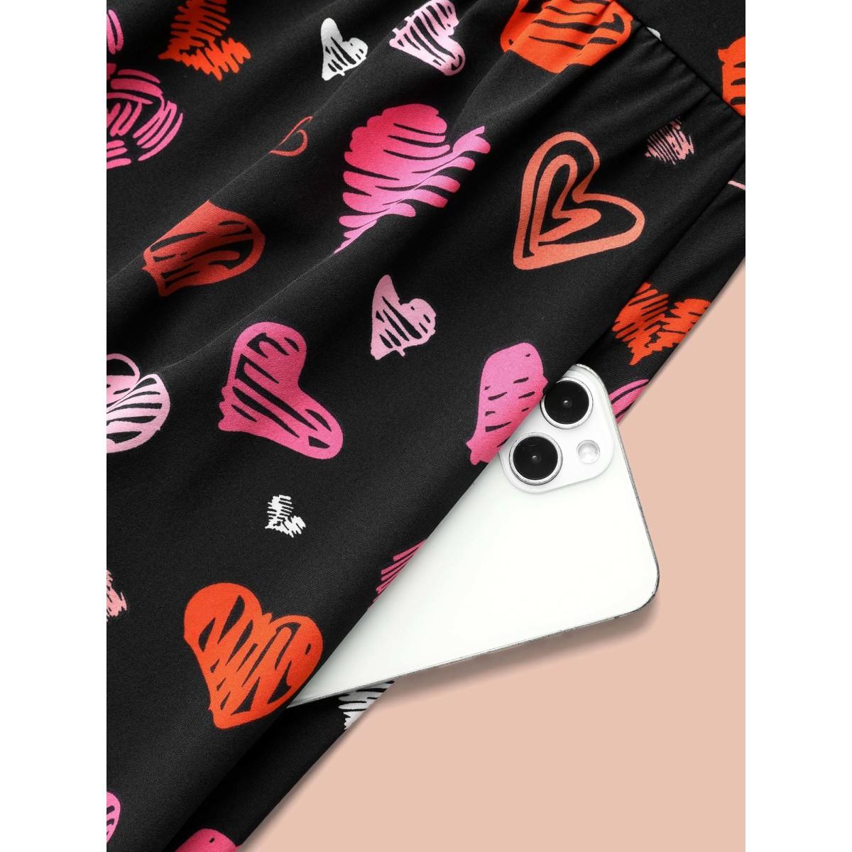 Plus Size Heart Print Ruched Stretchy Waist Dress Black Women Timeless Gathered Heart neckline Short sleeve Curvy BloomChic 28/5X Product Image