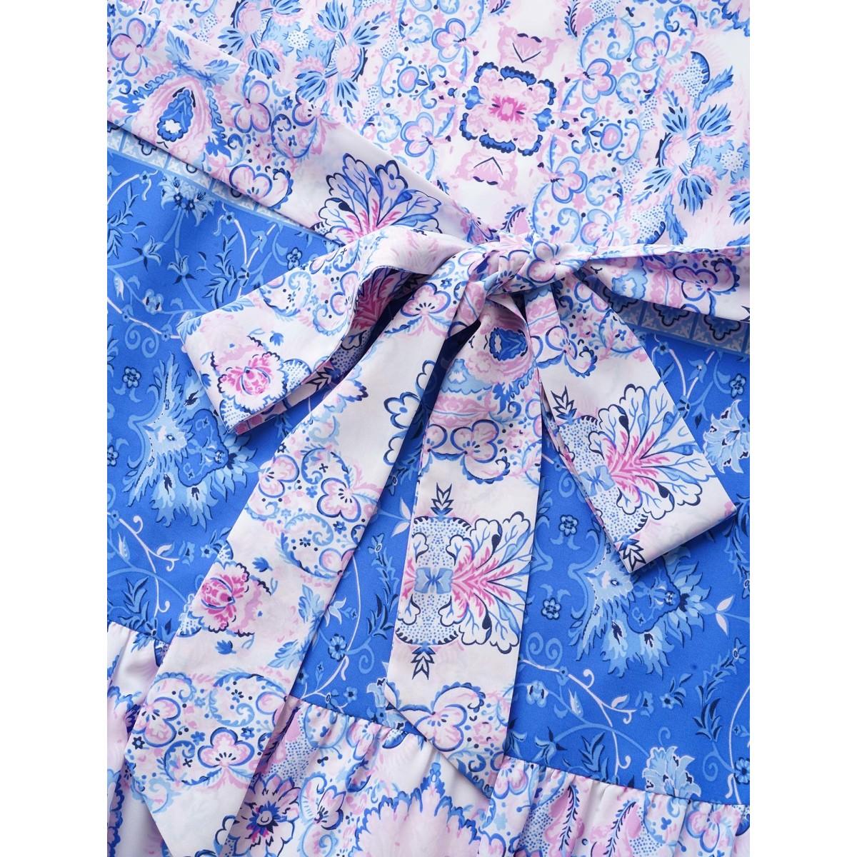 Plus Size Boho Print Ruffle Sleeve Belted Midi Dress Bluepurple Women Resort Belted Non Short sleeve Curvy BloomChic 26/4X Product Image