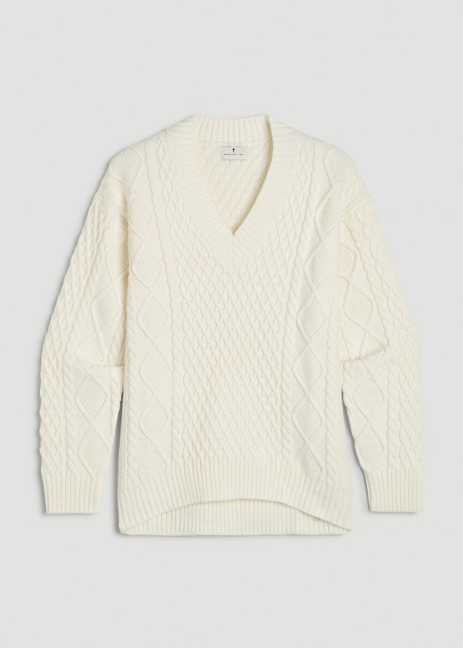 V Neck Cashmere Blend Cable Knit Women's Tall Sweater in Winter White Product Image