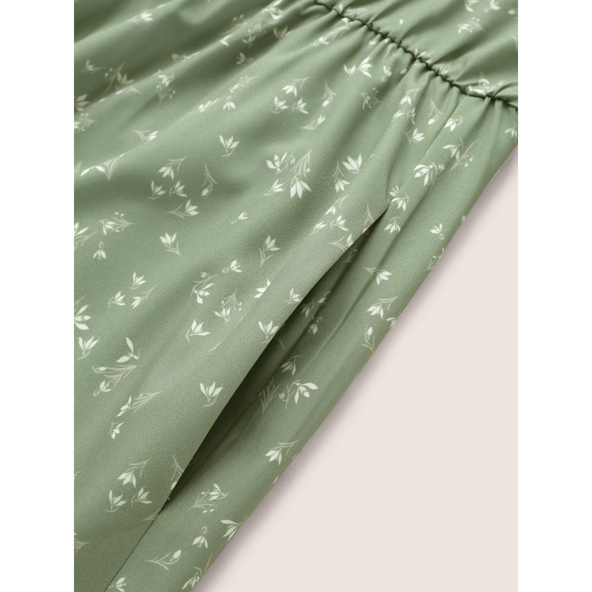 Plus Size Ditsy Floral Belted Surplice Neck Gathered Dress Mint Women Elegant Non Overlap Collar Elbow-length sleeve Curvy Midi Dress BloomChic 14-16/1X Product Image