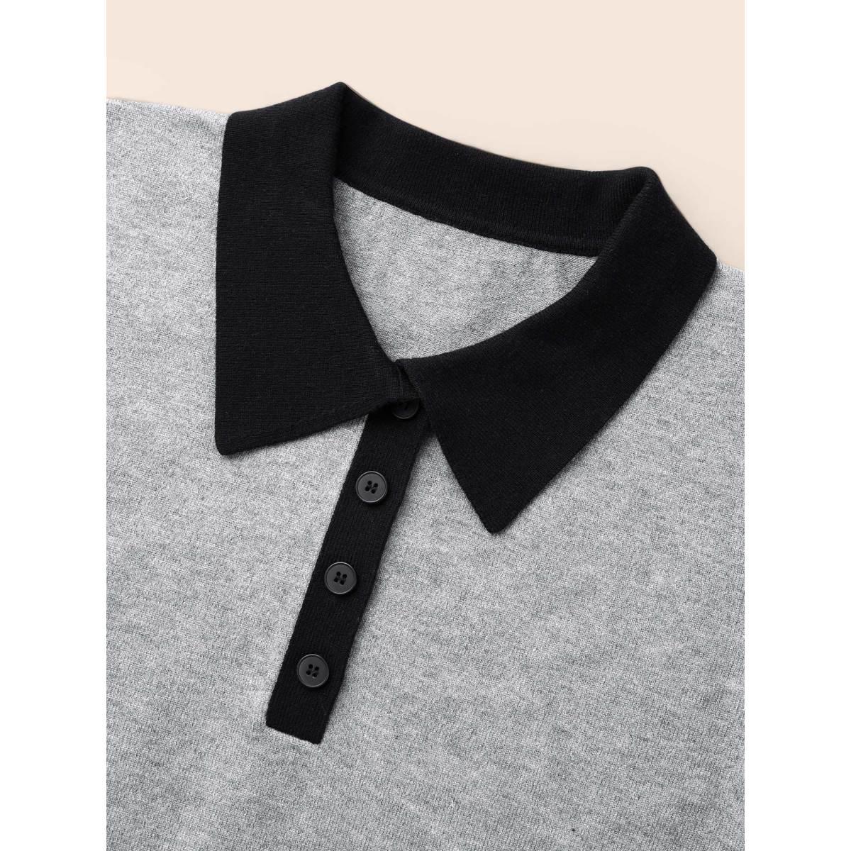 Plus Size Supersoft Essentials Contrast Polo Neck Button Up Pullover Mediumgray Women Casual Loose Long Sleeve Polo Everyday Pullovers BloomChic 26/4X Product Image