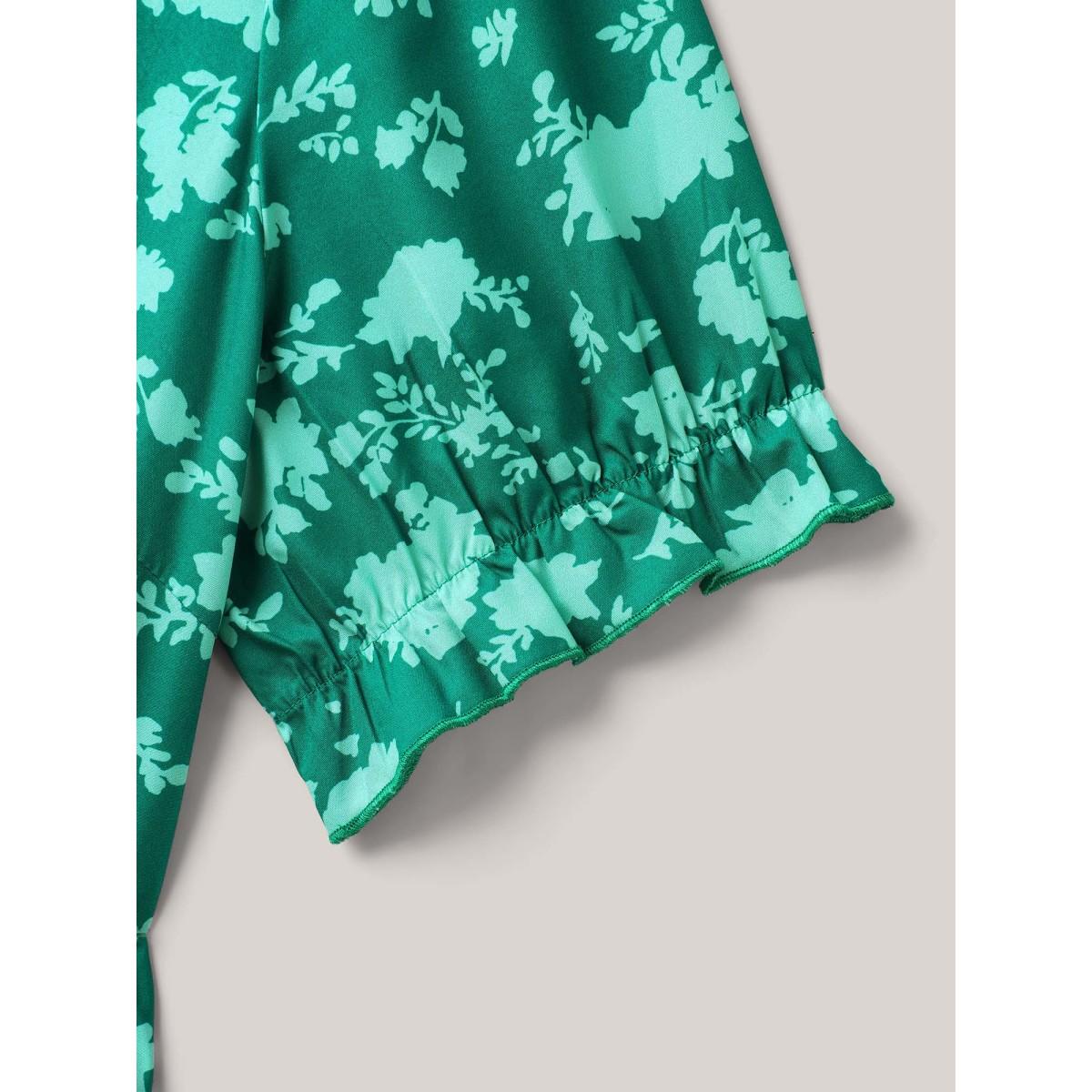 Plus Size Silhouette Floral Print Frill Trim Neck Dress Emerald Women Elegant Tie knot Flat collar with V-notch Short sleeve Curvy BloomChic 14-16/1X Product Image